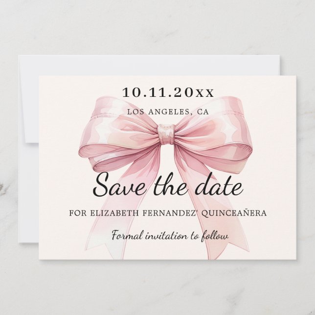 Reserve A Data Pink bow cream Quinceanera Save the Date card (Frente)