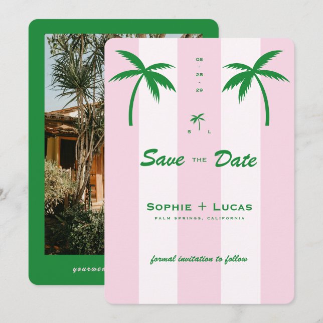 Reserve A Data Pink Cabana Stripes Palm Tree Monogram Wedding (Frente/Verso)