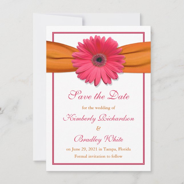 Reserve A Data Pink Daisy Orange Ribbon Casamento Salve a Data (Frente)