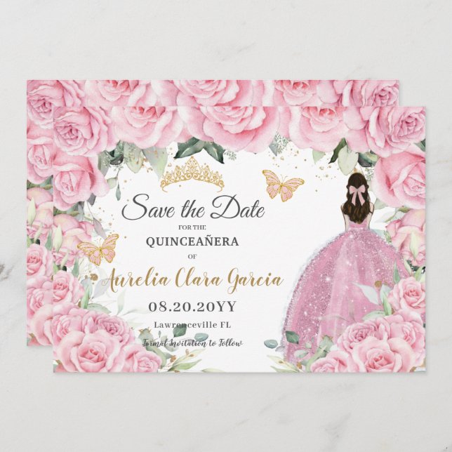 Reserve A Data Pink Floral Princess Quinceañera Quince Sweet 16  (Frente/Verso)