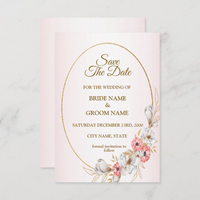Reserve A Data Pink Golden Floral Geometric Peach Wedding (Frente/Verso)