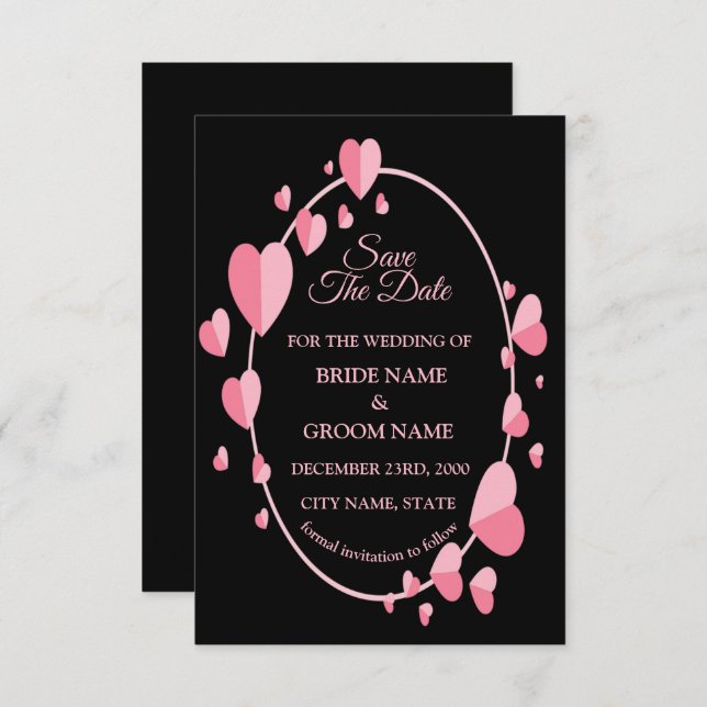 Reserve A Data Pink Heart Pattern Black Geometric Elegant Wedding (Frente/Verso)