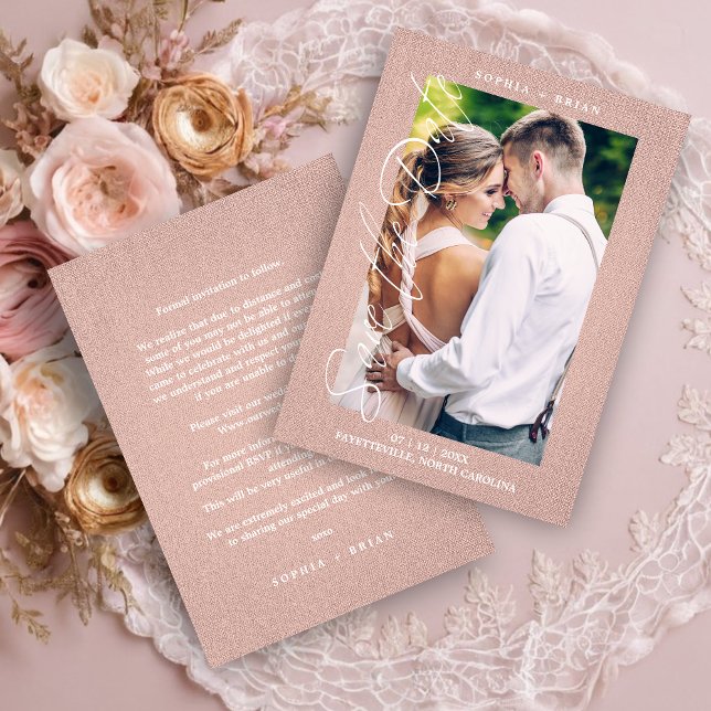 Reserve A Data Pink Photo Engaged Couple Textile Effect Script (Pink Photo Engaged Couple Textile Effect Save the Date Card.)