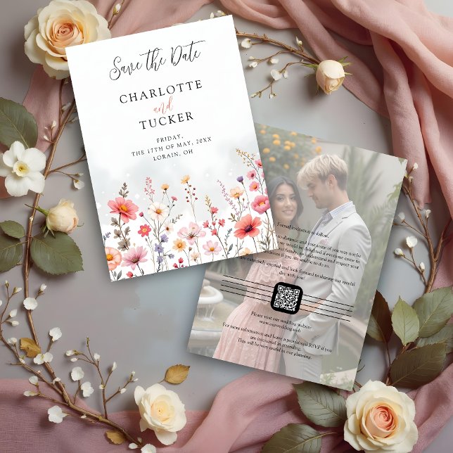 Reserve A Data Pink Shades Spring-Inspired Rustic Boho Romantic (Pink Shades Spring-Inspired Rustic Boho Romantic Wildflowers Wedding Save the Date Cards QR Code.)