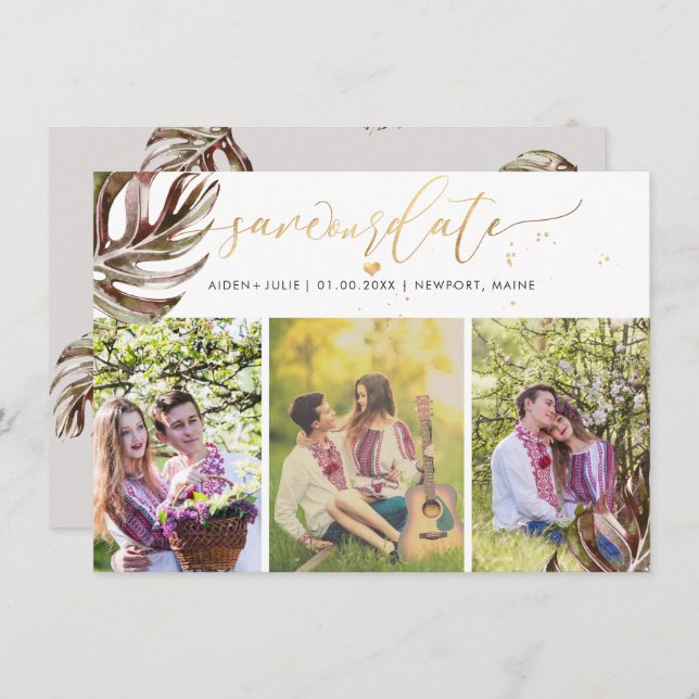 Reserve A Data PixDezines Burgundy Monstera Faux Dourado (Frente/Verso)