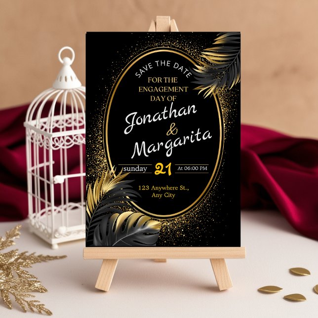 Reserve A Data Placa de Noivado Elegante Preta e Dourada (Criador carregado)