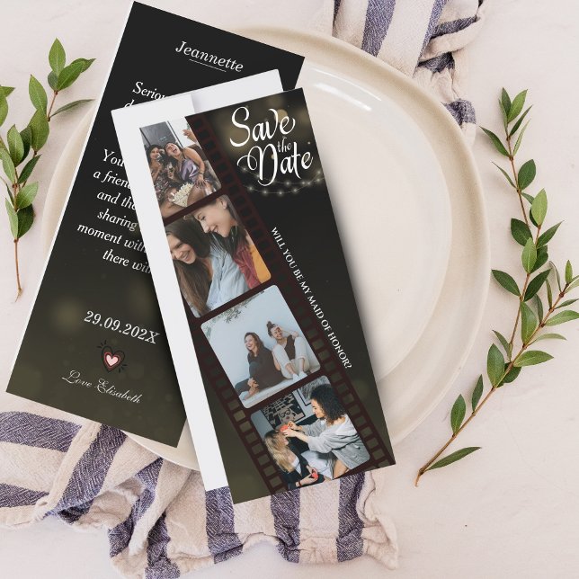 Reserve A Data Placa de Proposta de madrinha de casamento com Col (Maid of Honor Proposal Card with 4-Photo Collage)