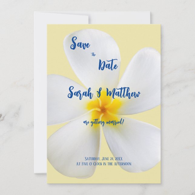 Reserve A Data Plumeria Branca em Amarelo, Casamento Tropical, Fl (Frente)