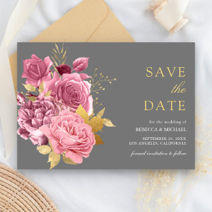 Reserve A Data Pó Dourado Cinza Rosa Mauve Floral Casamento