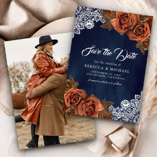 Reserve A Data Poeira Azul-Marinho Terracota Rosa Casamento Foto