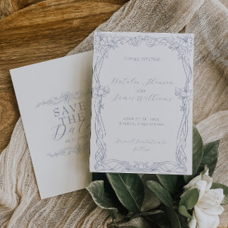 Reserve A Data Poeira Azul Retro Botânico Casamento Antiga Fortun