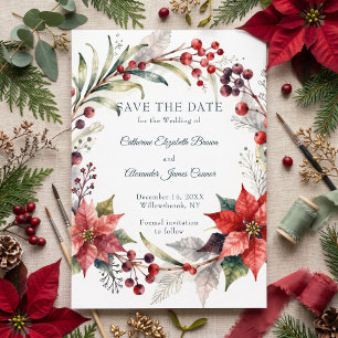 Reserve A Data Poinsettia Vermelha em Aquarela Casamento de Inver