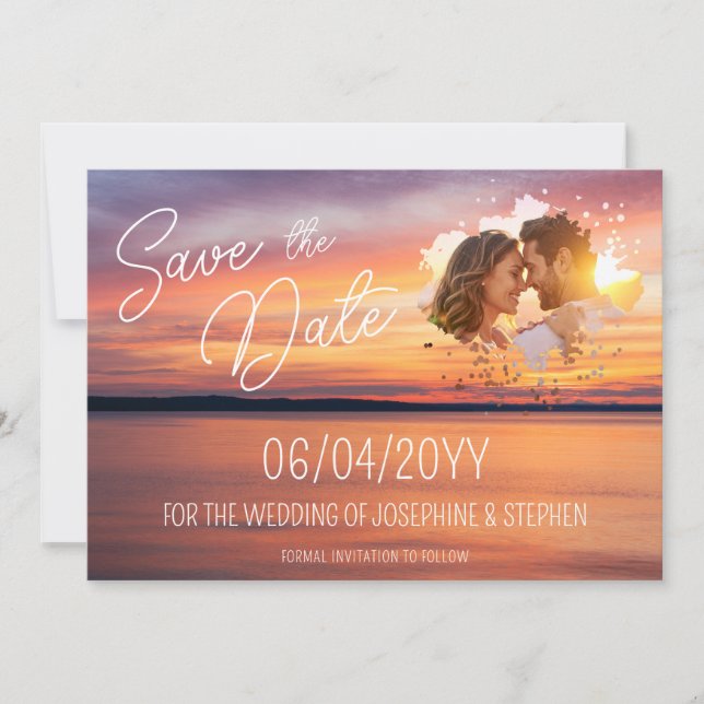 Reserve A Data Pôr do Sol Laranja Com Foto de Casal Personalizada (Frente)