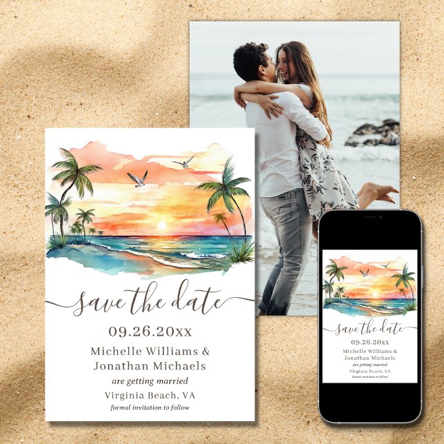 Reserve A Data Pôr do Sol Tropical em Aquarela Foto Casamento (Printed and Digital - Watercolor Tropical Beach Sunset Photo Wedding Save The Date)