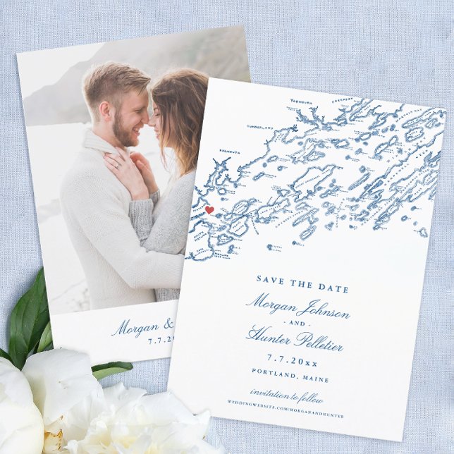 Reserve A Data Portland Maine Map Elegant Wedding (Elegant Portland Maine Wedding Save the Dates with navy blue Casco Bay map and photo on the back)