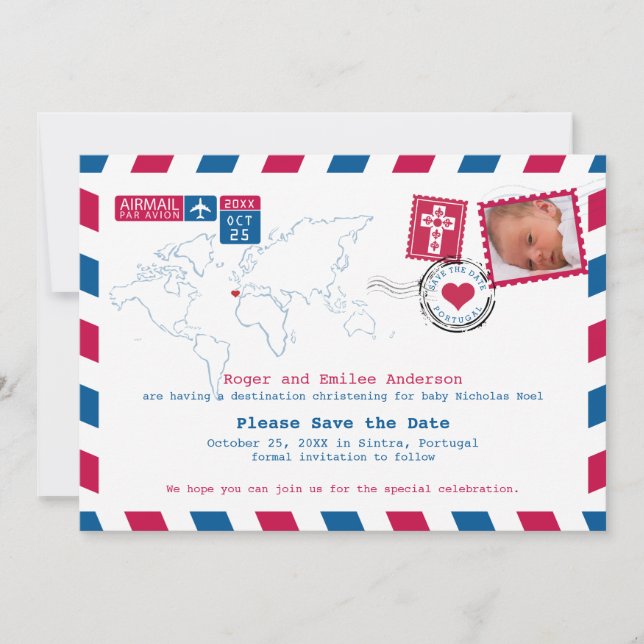 Reserve A Data Portugal Red Blue Airmail Foto Baptism (Frente)