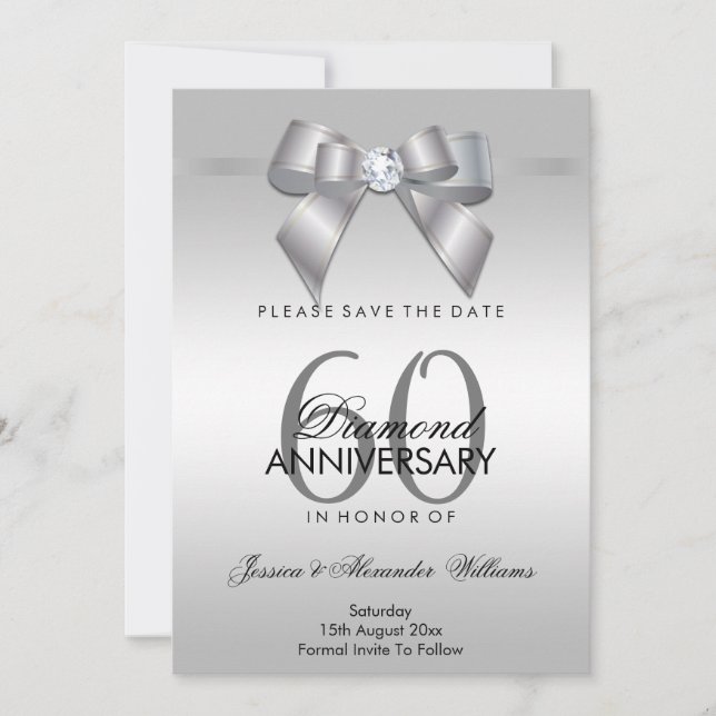 Reserve A Data Posh Gem Bow & Ribbon 60º Aniversário de Casamento (Frente)