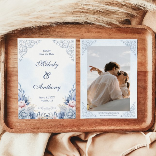 Reserve A Data Poupança de Casamento Floral Azul Empoeirado (Criador carregado)