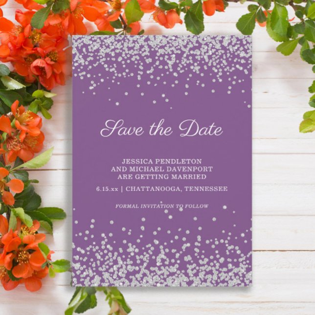 Reserve A Data Poupar Data de Casamento com Brilho Prateado Roxo (Purple wedding Save the Date with silver glitter)