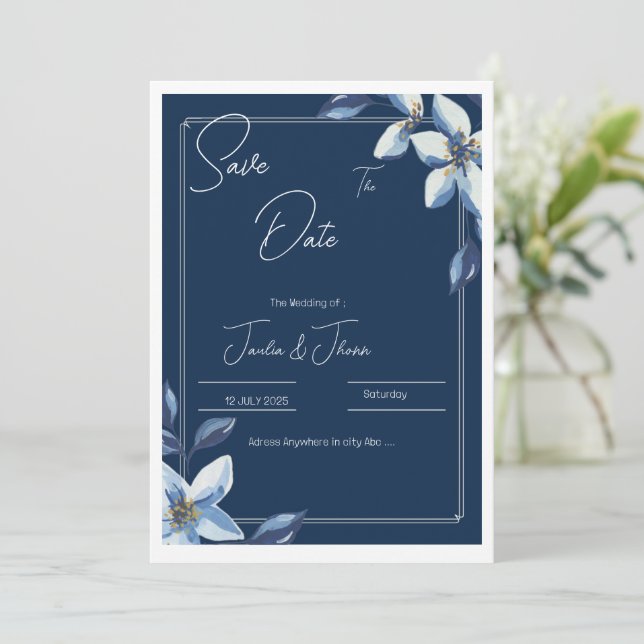 Reserve A Data Poupar no Casamento Azul Floral Azul Vitoriano  (Em pé/Frente)