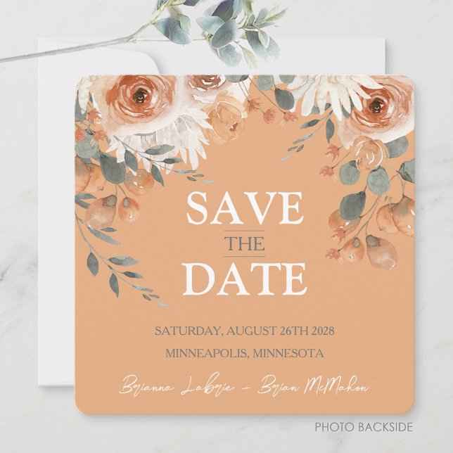 Reserve A Data Praça de Casamento de Pêssego Laranja Floral (Watercolor Floral Light Orange Wedding Square Save The Date Light Orange)