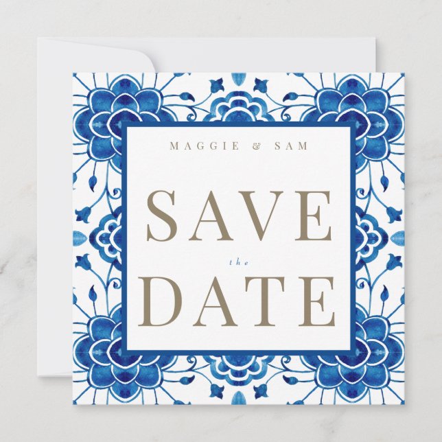 Reserve A Data Praça Mediterrânea Azul Casamento Save the Date  (Frente)