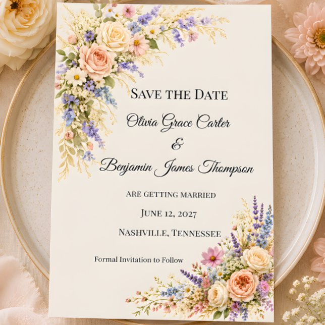 Reserve A Data Prado de Flores Silvestres de Luxo com Florais Pas (Part of the luxury wildflower meadow wedding theme collection, save the date card)