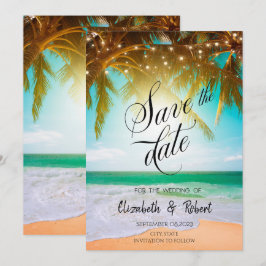 Reserve A Data Praia, Palmeira, Sol, Luzes de Corda Script Salvar