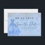 Reserve A Data Prata Azul Moderna Glitter Quinceanera<br><div class="desc">Cinza de Prata Azul Moderna Princesa Vestir Gole Glitter Butterfly 15 de Aniversário Quinceanera Salve Data Convite</div>
