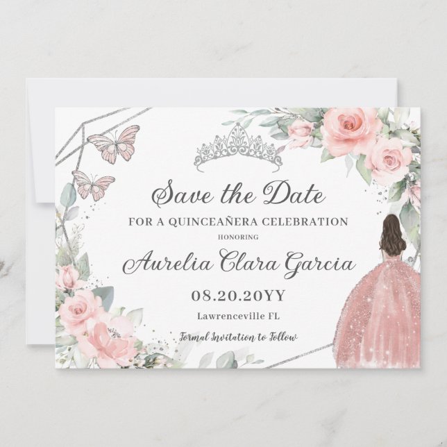 Reserve A Data Prata Floral Rosa Esbranquiçada Quinceanera Doce D (Frente)