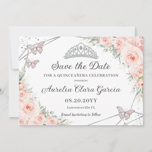 Reserve A Data Prata Floral Rosa Esbranquiçada Quinceañera Doce D (Frente)