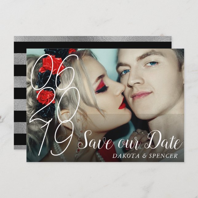 Reserve A Data Prata preta chic | Foto com moderno letreiro (Frente/Verso)