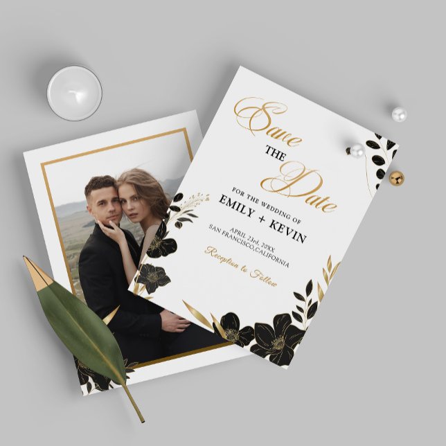 Reserve A Data Preto e Branco Clássico Elegante, Floral, Foto (Elegant Classic Black and White, Floral, Photo Save The Date)
