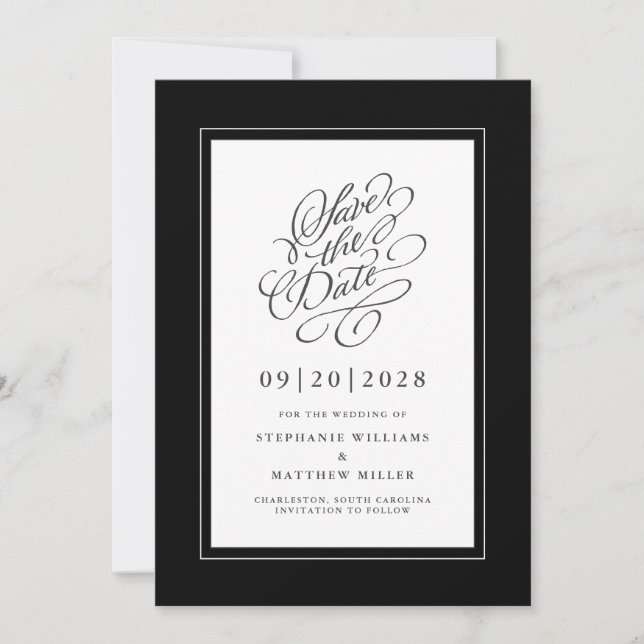 Reserve A Data Preto e Branco Elegante Letra de Caligrafia para C (Frente)
