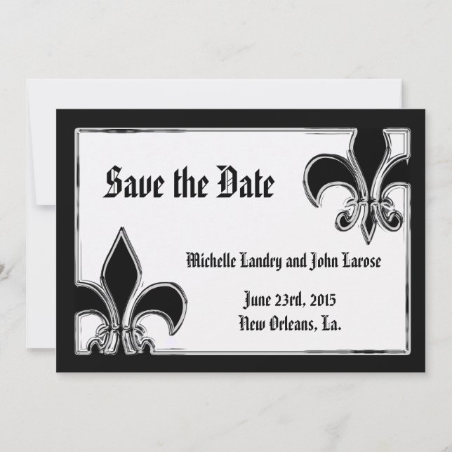 Reserve A Data Preto e Cromado Fleur de Lis Save the Date (Frente)