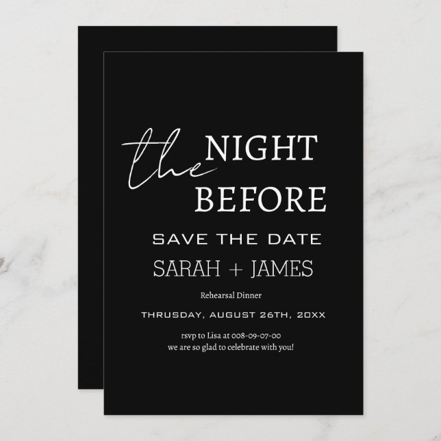 Reserve A Data Preto moderno na noite antes do Janto de ensaio (Frente/Verso)