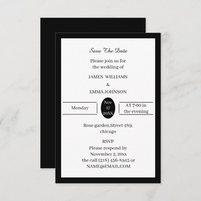 Reserve A Data Preto Simples E Branco Personalizado (Frente/Verso)