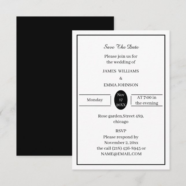 Reserve A Data Preto Simples E Branco Personalizado (Frente/Verso)