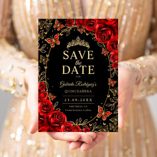 Reserve A Data Preto Vermelho Dourado Floral Quinceanera