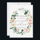 Reserve A Data Primavera Blush Floral Wreath Casamento Salve a Da<br><div class="desc">Casamento elegante Salve o Cartão de Data com uma coroa de flores de aquarela em branco e rosa-claro com folhagem verde. Para personalização mais avançada deste design,  clique no botão "Personalizar". Itens correspondentes também estão disponíveis.</div>