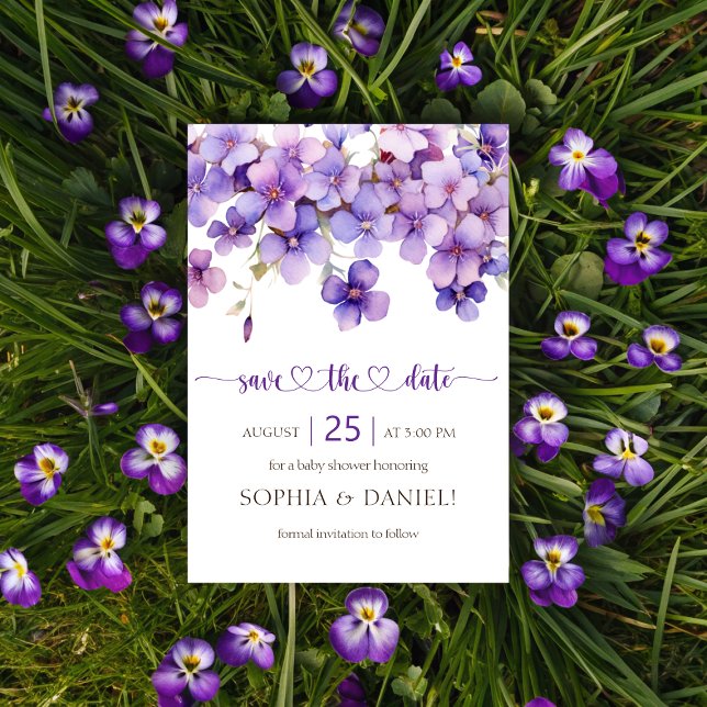 Reserve A Data Primavera Delicar Chá de fraldas de Flores Violeta (Spring Delicate Violet Flowers Baby Shower Save The Date)