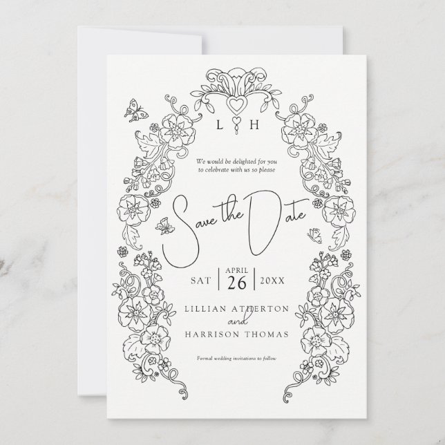 Reserve A Data Primavera Fleur de lis line art mono casamento (Frente)
