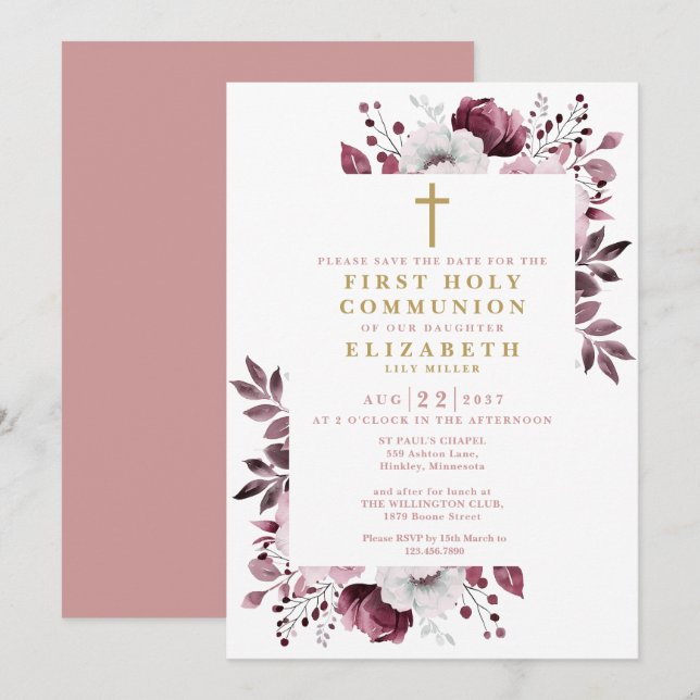 Reserve A Data Primeira Comunhão Boho Rosa Floral Botânica (Frente/Verso)