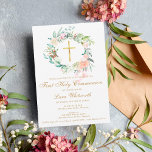 Reserve A Data Primeira Comunhão Dourada Cruz Watercolor Floral<br><div class="desc">Apresentando uma delicada camada floral de aquarela,  esta primeira comunhão sagrada chic,  exceto o cartão de data,  pode ser personalizada com seus detalhes de evento especial. Você pode personalizar o inverso para sua cor favorita ou adicionar informações adicionais. Projetado por Thisnotme©</div>