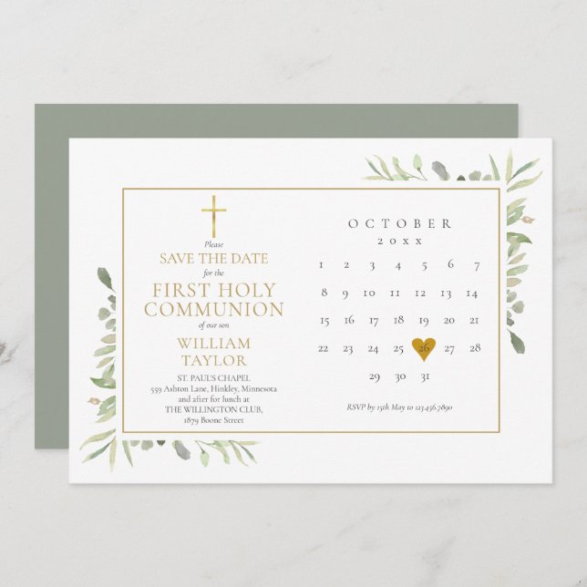 Reserve A Data Primeira Comunhão Elegante Verde (Frente/Verso)