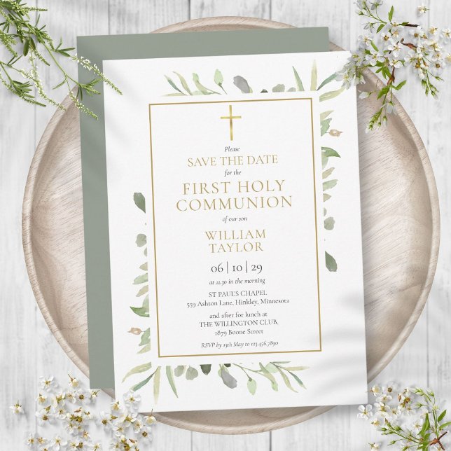 Reserve A Data Primeira Comunhão Elegante Verdor (First Holy Communion Elegant Greenery Save The Date)
