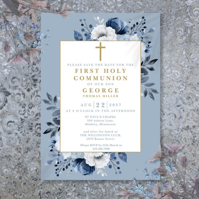 Reserve A Data Primeira Comunhão Floral Boho Azul Empoeirado (Dusty Blue Boho Floral First Holy Communion Save The Date)