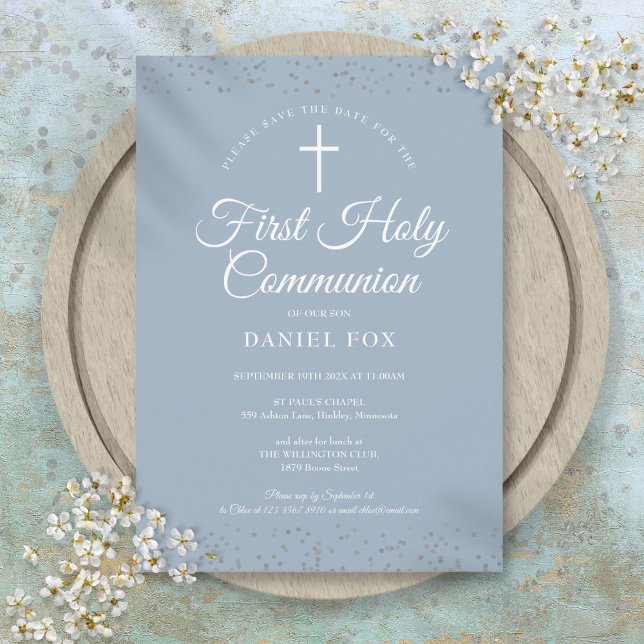 Reserve A Data Primeira Comunhão Pó Azul Prata Poeira de Estrelas (First Holy Communion Dusty Blue Silver Stardust Save The Date)