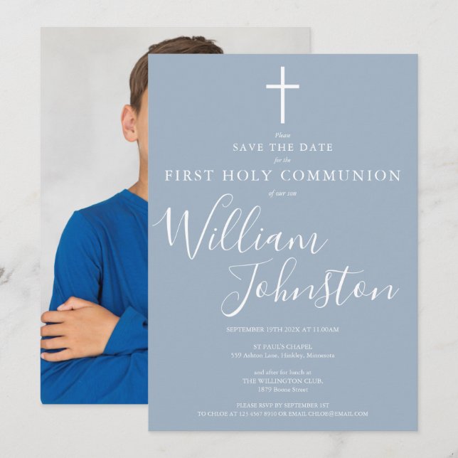 Reserve A Data Primeira Comunhão Pó Azul Script Foto (Frente/Verso)