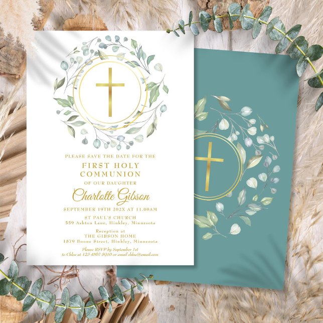 Reserve A Data Primeira Sagrada Comunidade Verde Dourada Cruz (First Holy Communion Greenery Gold Cross Save The Date)